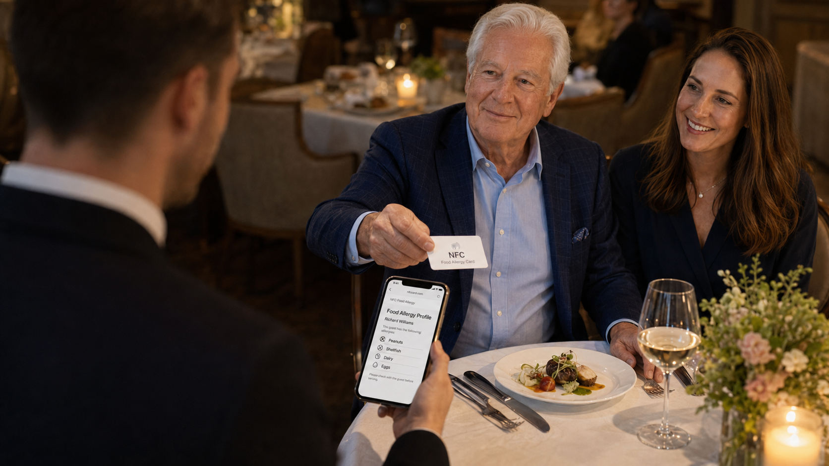 A guest hands an NFC food allergy card to a server, whose phone shows the guest's allergy profile, at a fine-dining table.